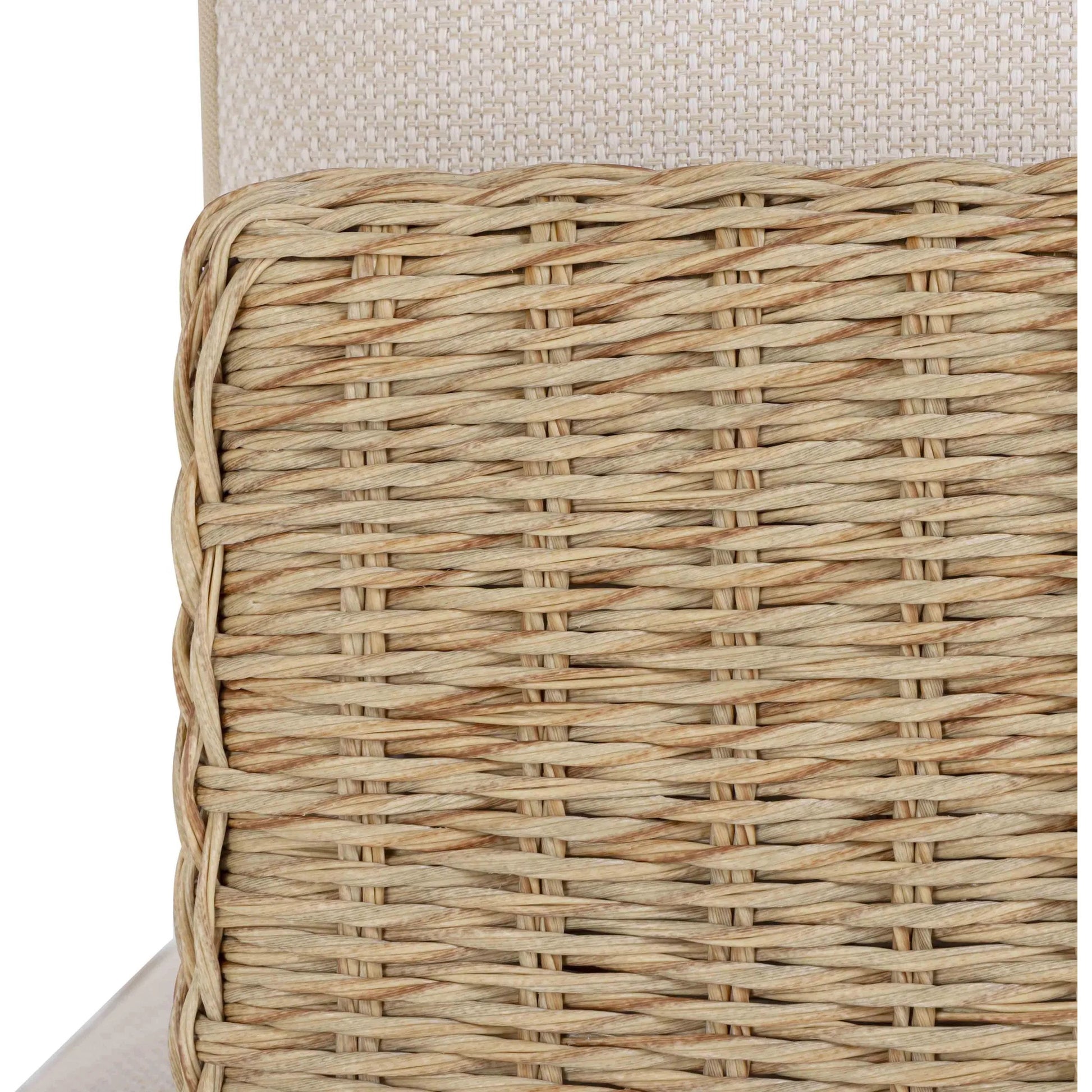 Mora Outdoor Sofa by TOV Furniture in cream. Made from aluminum, fabric, foam, wicker in a unique style.