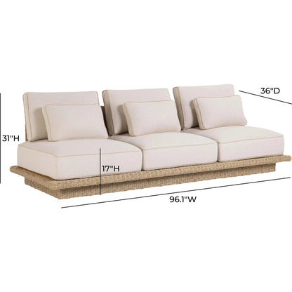 Mora Outdoor Sofa by TOV Furniture in cream. Made from aluminum, fabric, foam, wicker in a unique style.