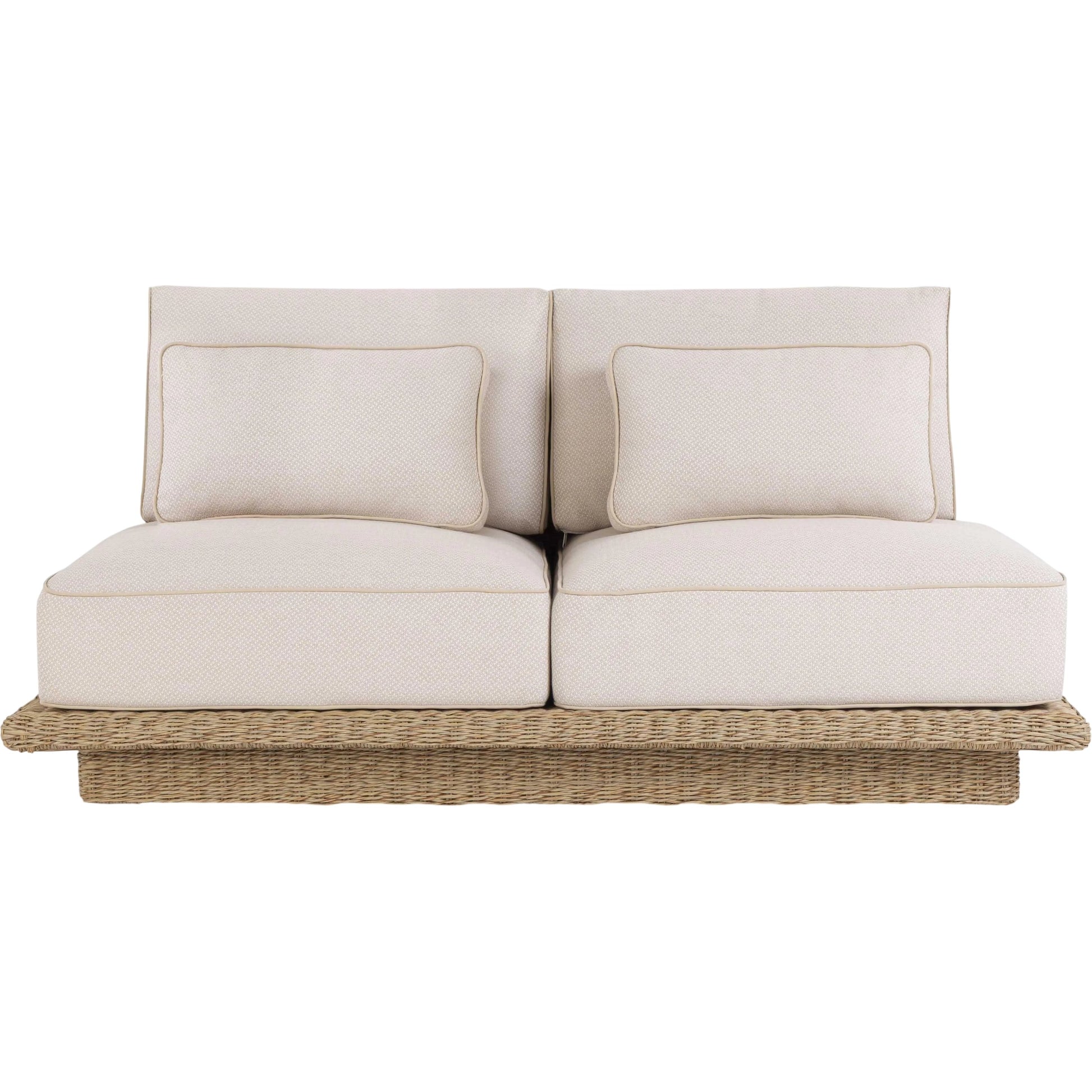 Mora Outdoor Sofa by TOV Furniture in cream. Made from aluminum, fabric, foam, wicker in a unique style.