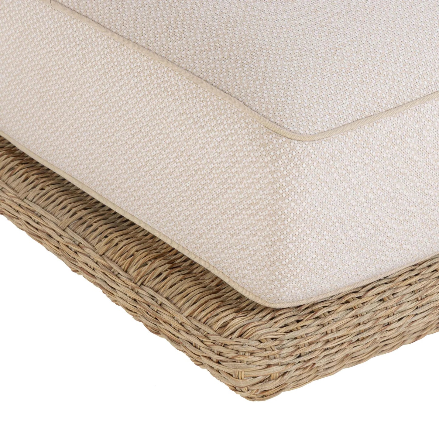 007 SI-2454350 | Closeup | Mora Outdoor Sofa by TOV Furniture in cream. Made from aluminum, fabric, foam, wicker in a unique style.