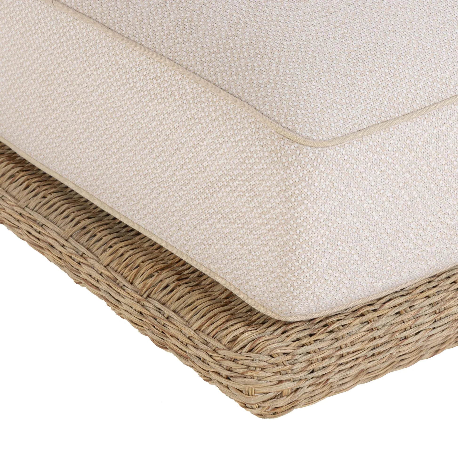 Mora Outdoor Sofa by TOV Furniture in cream. Made from aluminum, fabric, foam, wicker in a unique style.