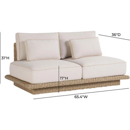 Mora Outdoor Sofa by TOV Furniture in cream. Made from aluminum, fabric, foam, wicker in a unique style.