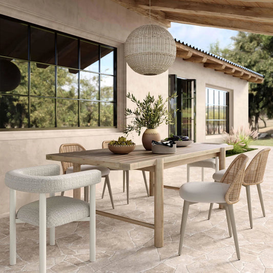 Jackie Outdoor Textured Dining Chair by TOV Furniture in cream. Made from aluminum, fabric in a unique style.