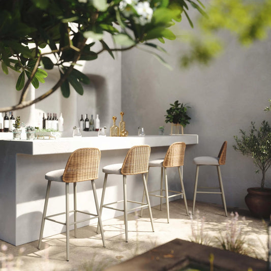 Alexa Performance Fabric Outdoor Counter Stool by TOV Furniture in cream. Made from aluminum, polyester, wicker in a unique style.