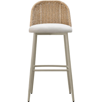 Alexa Performance Fabric Outdoor Barstool by TOV Furniture in cream. Made from aluminum, polyester, wicker in a rustic style.