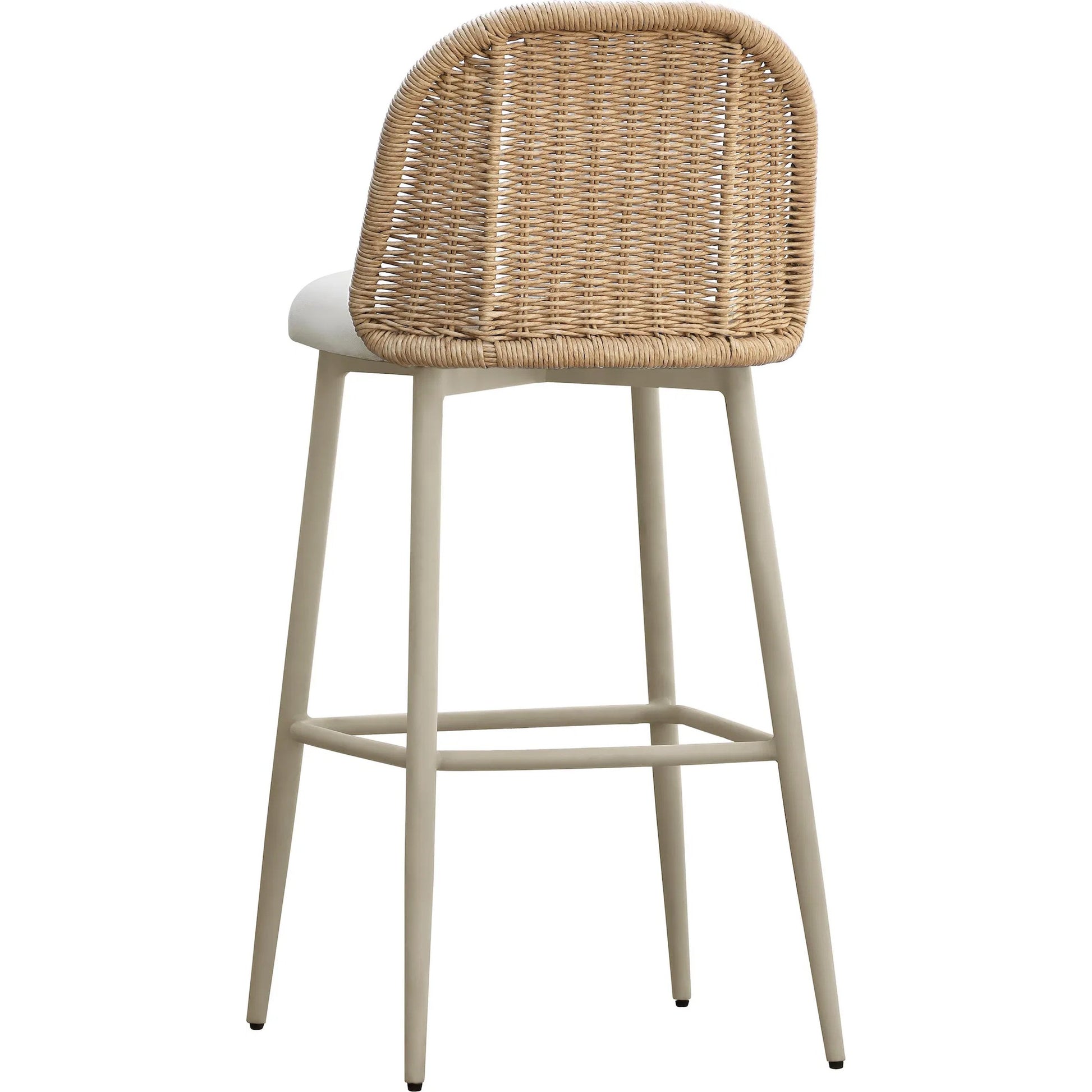 Alexa Performance Fabric Outdoor Barstool by TOV Furniture in cream. Made from aluminum, polyester, wicker in a rustic style.