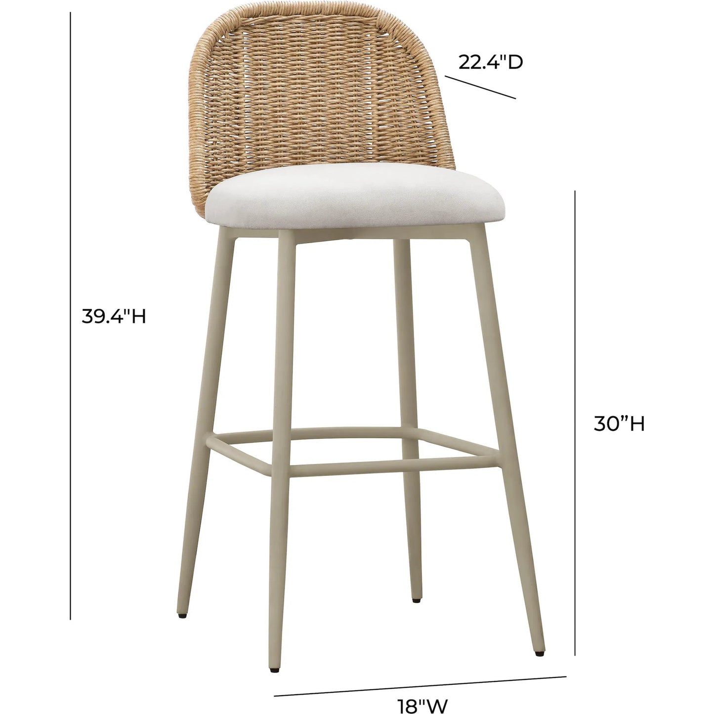 004 SI-2248131 | Closeup | Alexa Performance Fabric Outdoor Barstool by TOV Furniture in cream. Made from aluminum, polyester, wicker in a rustic style.