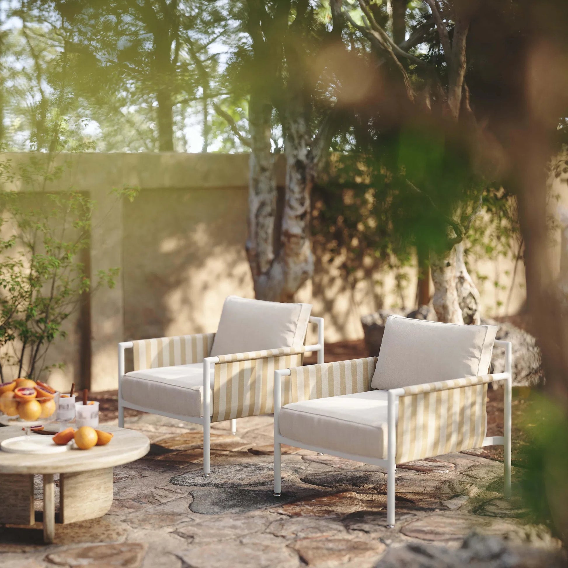 Dunes Outdoor Armchair by TOV Furniture in cream. Made from aluminum, fabric in a coastal style.