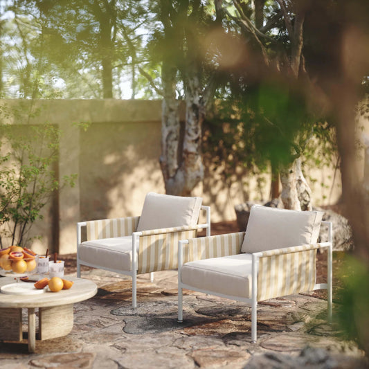 Dunes Outdoor Armchair by TOV Furniture in cream. Made from aluminum, fabric in a unique style.