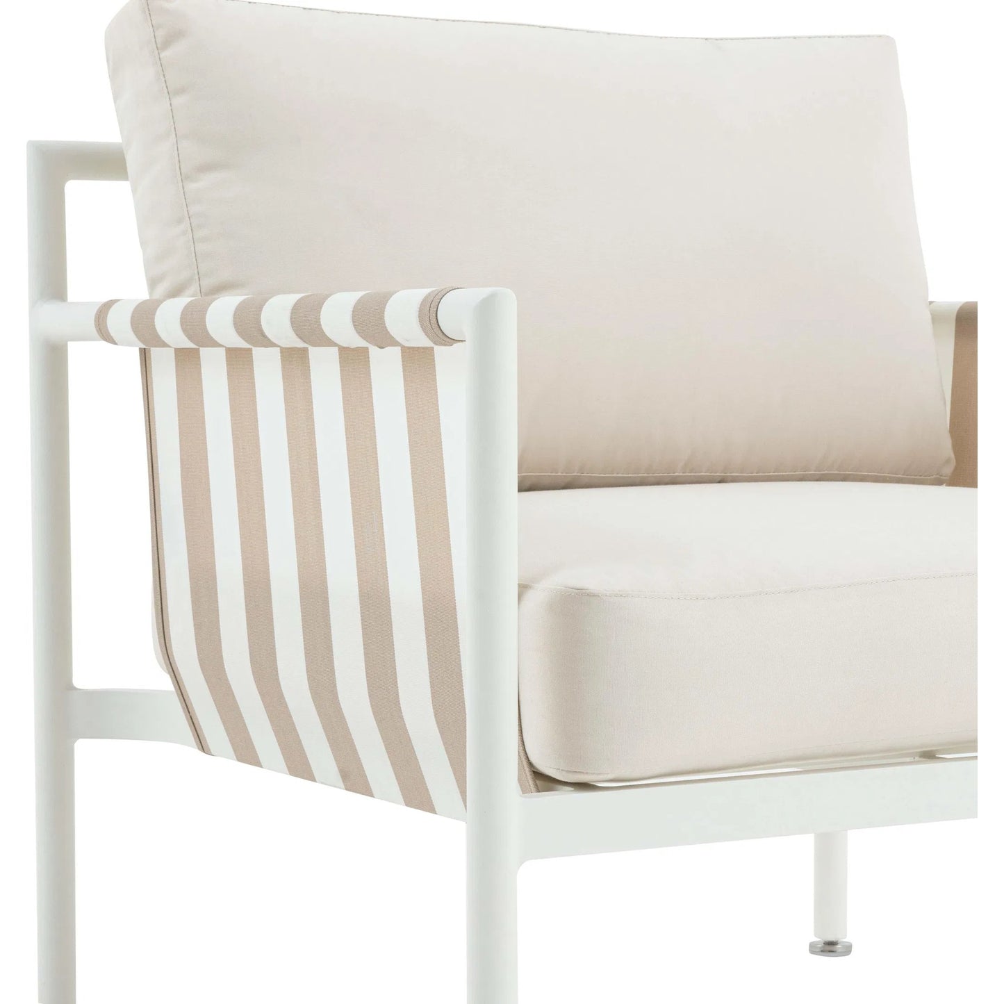 005 SI-2248216 | Closeup | Dunes Outdoor Armchair by TOV Furniture in cream. Made from aluminum, fabric in a coastal style.