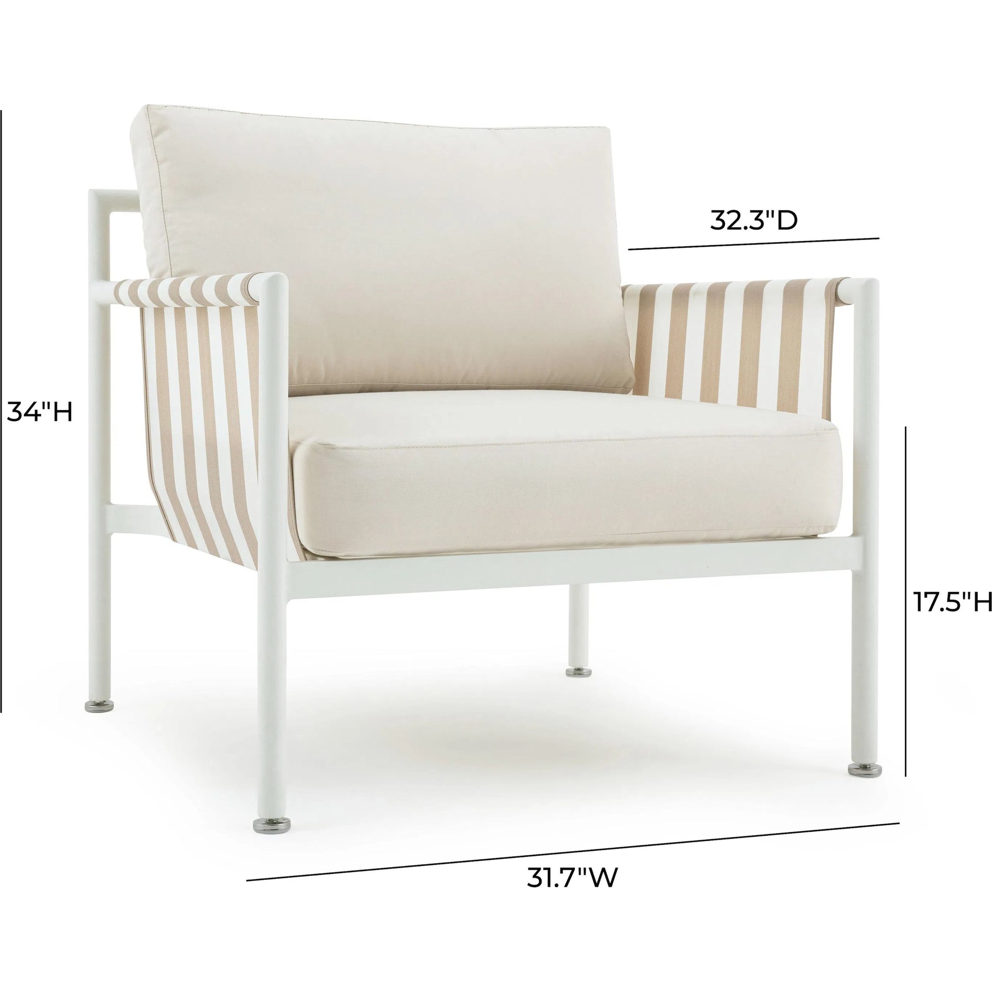 Dunes Outdoor Armchair by TOV Furniture in cream. Made from aluminum, fabric in a coastal style.