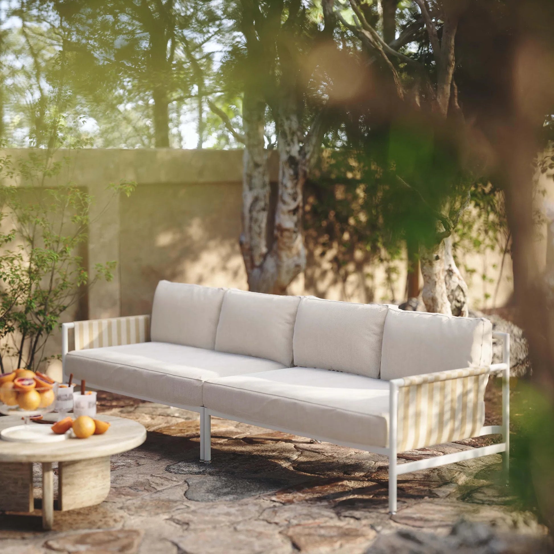 Dunes Outdoor Sofa by TOV Furniture in cream. Made from aluminum, fabric in a coastal style.