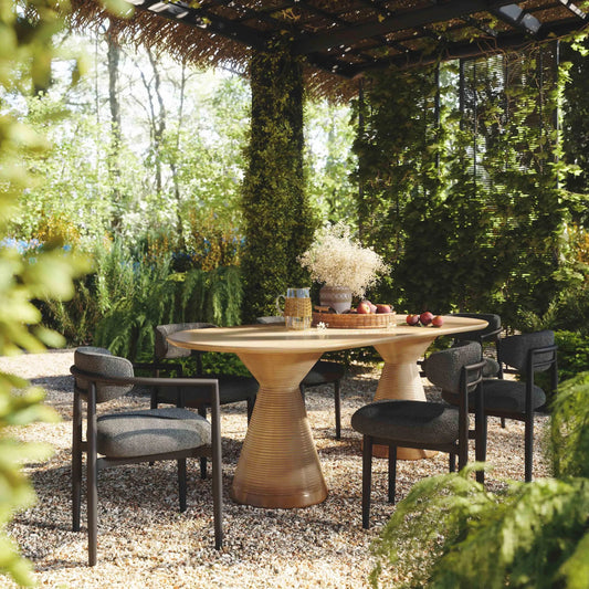 Annika Textured Outdoor Dining Arm Chair by TOV Furniture. Made from aluminum, fabric in a unique style.