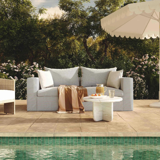 Salty Striped Indoor/Outdoor Sofa by TOV Furniture. Made from fabric, plywood in a unique style.