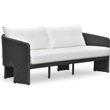 Alexa Performance Fabric Outdoor Sofa by TOV Furniture in black. Made from aluminum, polyester, wicker in a rustic style.