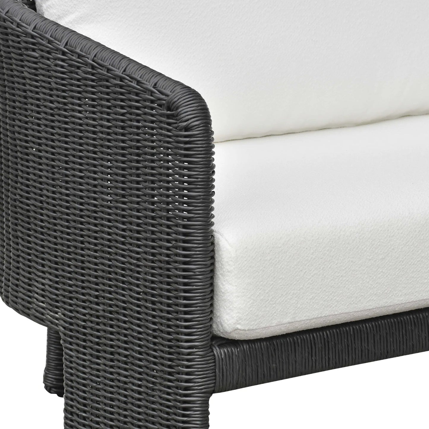 007 SI-2356247 | Closeup | Alexa Performance Fabric Outdoor Sofa by TOV Furniture in black. Made from aluminum, polyester, wicker in a rustic style.