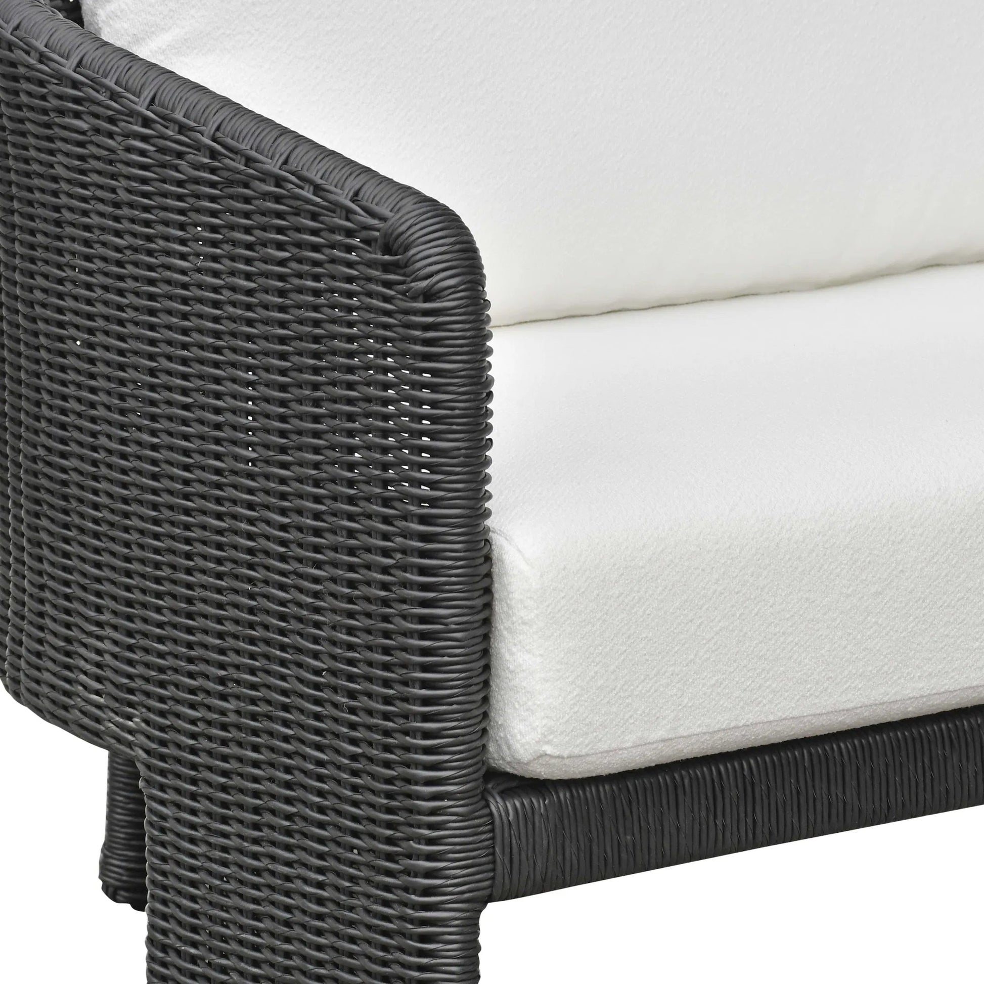 Alexa Performance Fabric Outdoor Sofa by TOV Furniture in black. Made from aluminum, polyester, wicker in a rustic style.