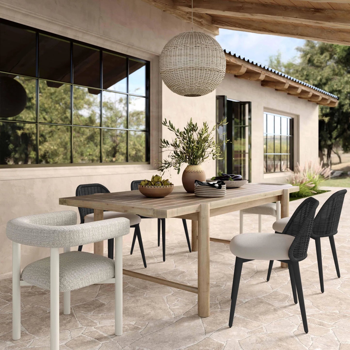 015 SI-2356246 | Lifestyle | Alexa Performance Fabric Outdoor Dining Chair by TOV Furniture. Made from aluminum, polyester, wicker in a rustic style.