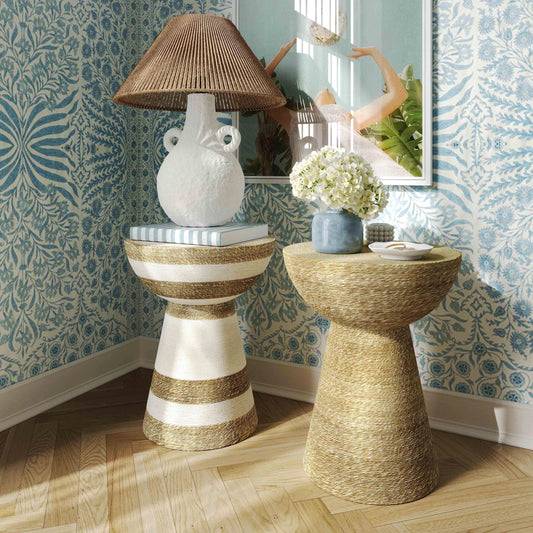 Wren Seagrass Side Table by TOV Furniture in natural. Made from grass, iron in a cottage & farmhouse style.