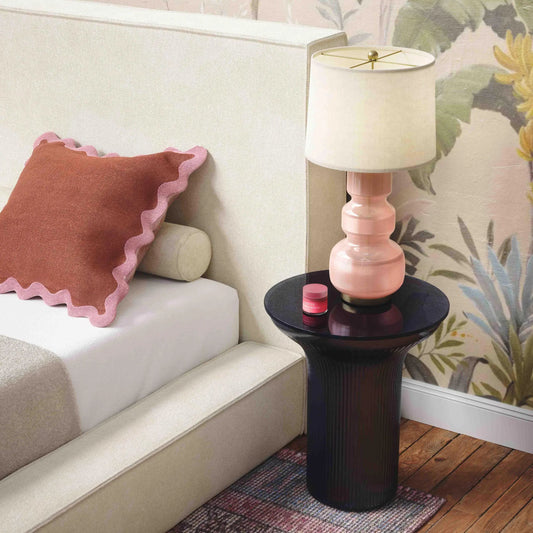 Cassandra Glass Flared Side Table by TOV Furniture in midnight. Made from glass in a unique style.