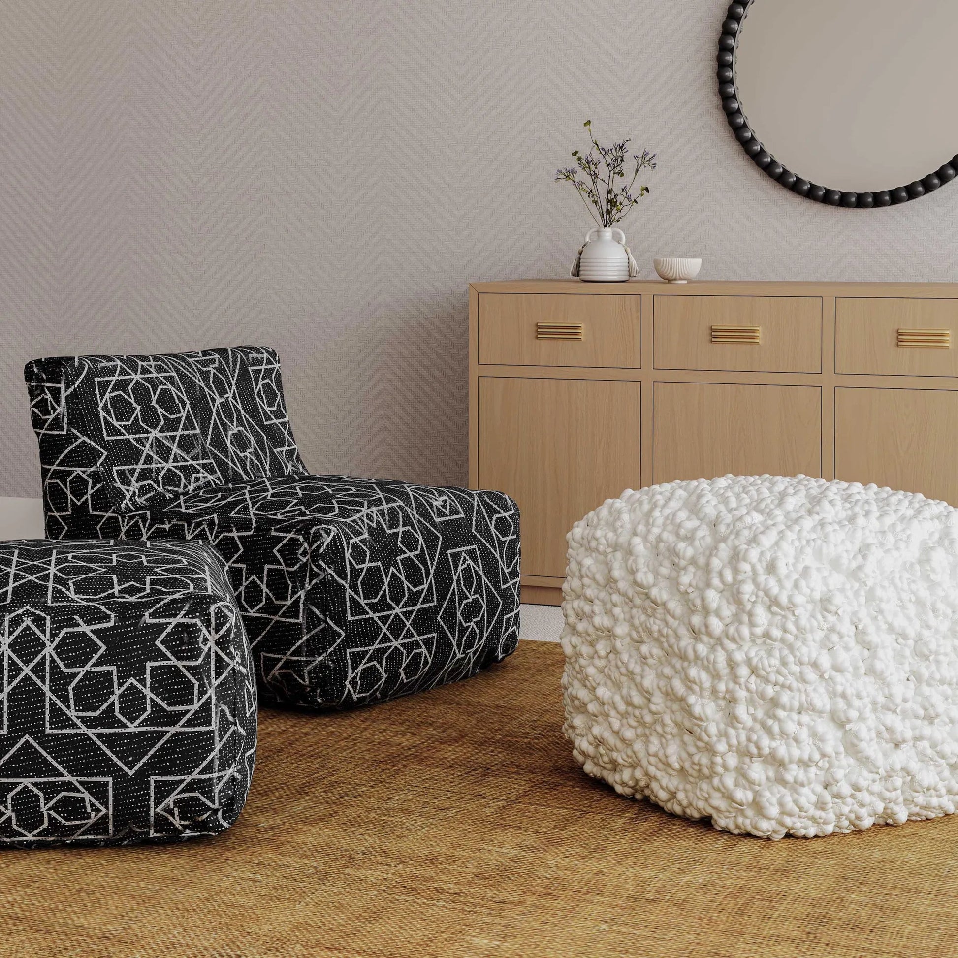 Cathy Woven Pouf by TOV Furniture in cream. Made from cotton, polyester in a rustic style.