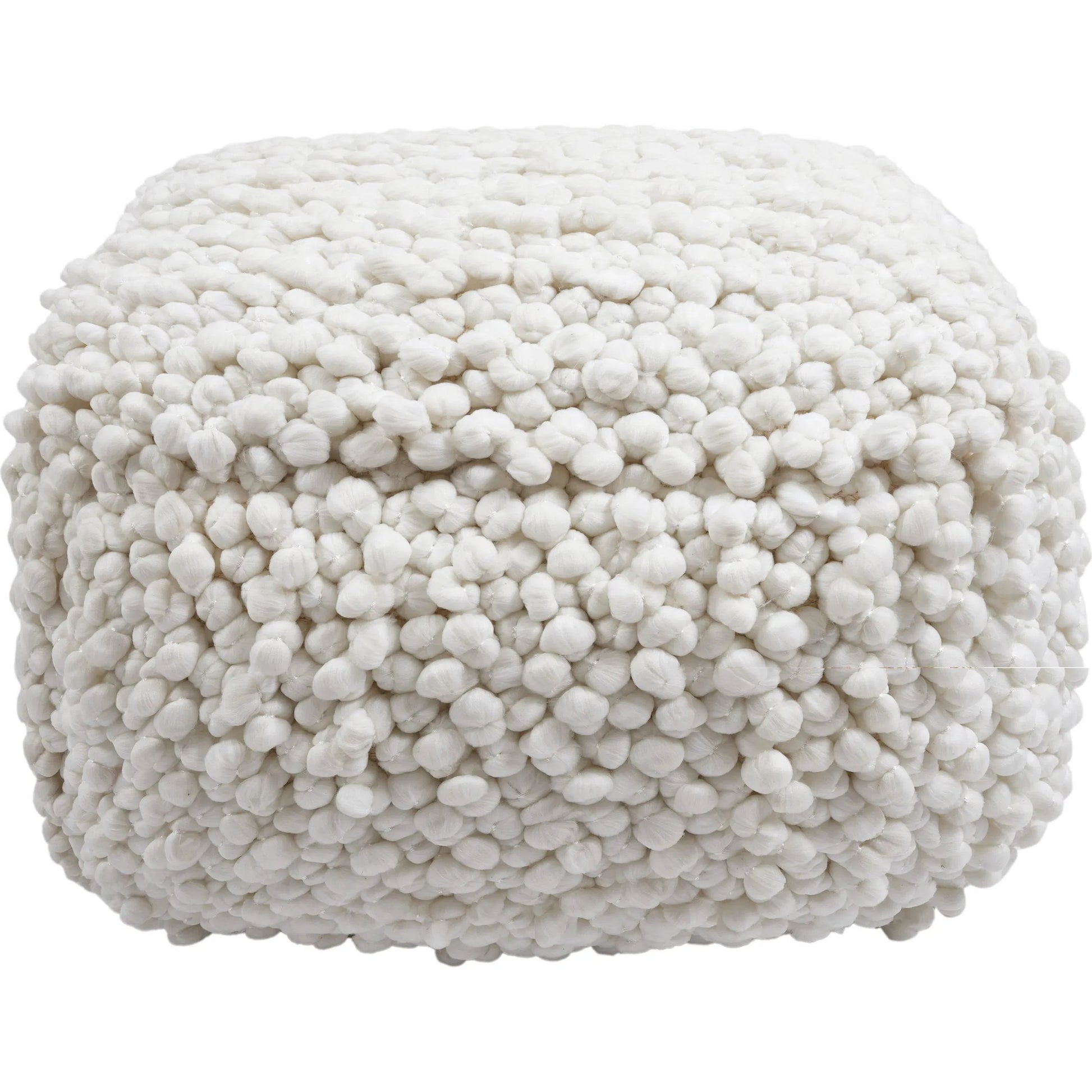 Cathy Woven Pouf by TOV Furniture in cream. Made from cotton, polyester in a rustic style.