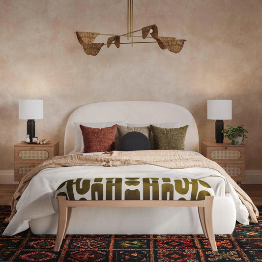 Arielle Olive & White Embroidered Bench by TOV Furniture in olive, white. Made from cotton, jute, wood in a eclectic & global style.