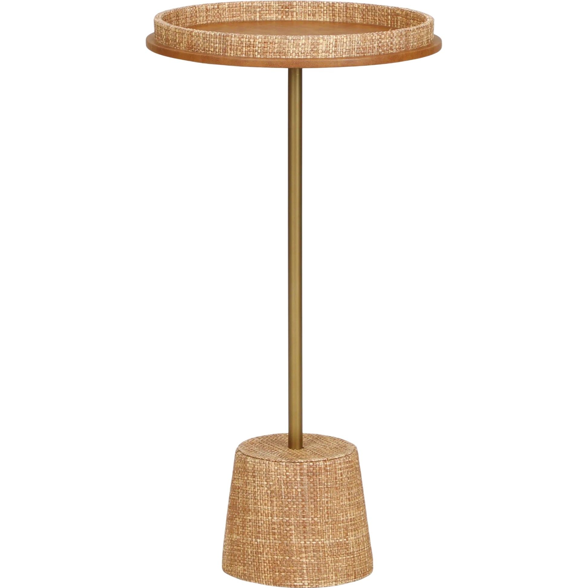 Saddle Raffia Side Table by TOV Furniture in natural. Made from metal, raffia, vegan leather in a unique style.