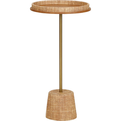 Saddle Raffia Side Table by TOV Furniture in natural. Made from metal, raffia, vegan leather in a unique style.