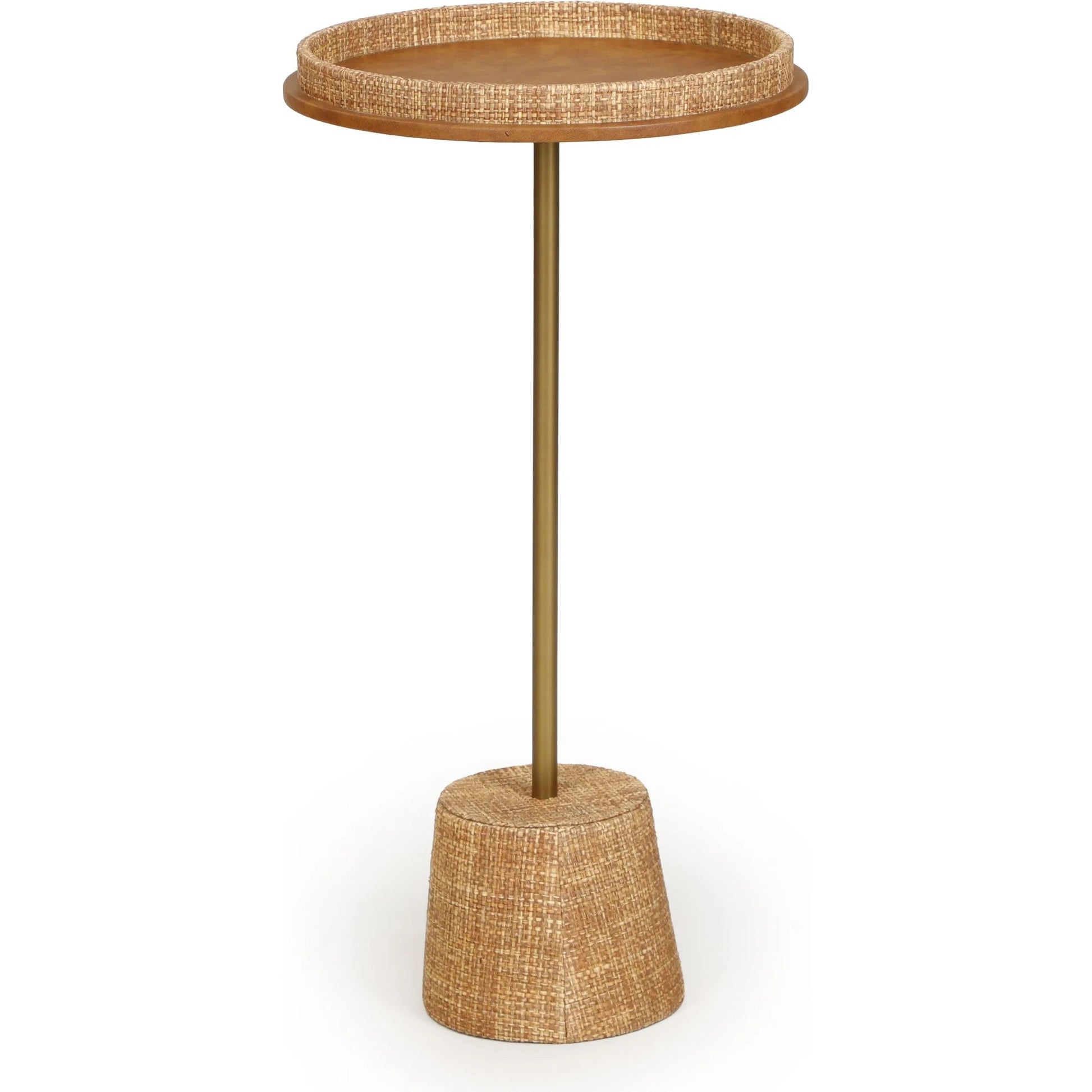 Saddle Raffia Side Table by TOV Furniture in natural. Made from metal, raffia, vegan leather in a unique style.