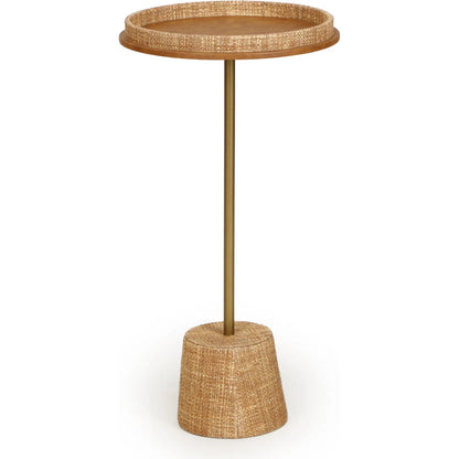 Saddle Raffia Side Table by TOV Furniture in natural. Made from metal, raffia, vegan leather in a unique style.