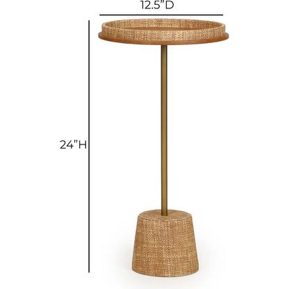 Saddle Raffia Side Table by TOV Furniture in natural. Made from metal, raffia, vegan leather in a unique style.