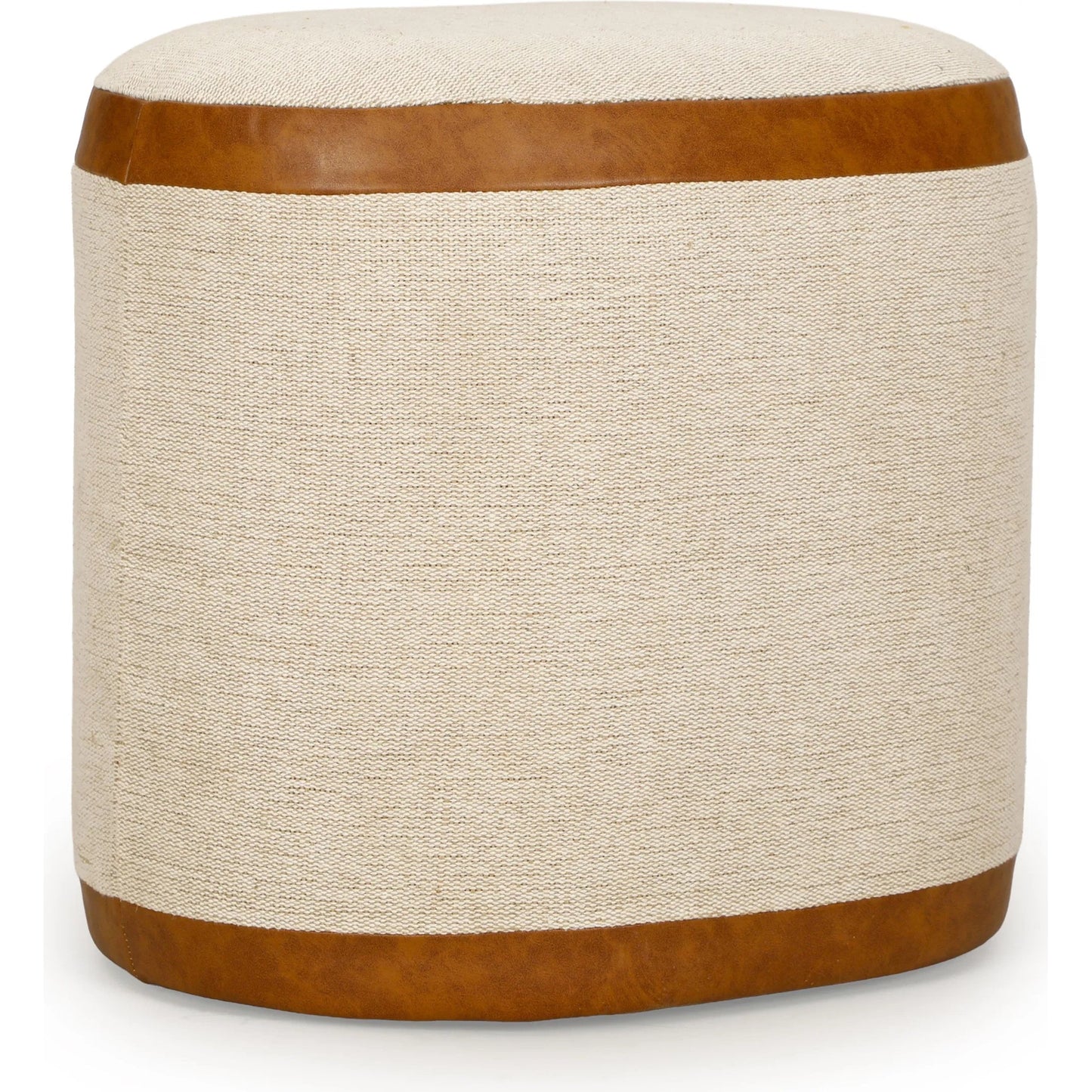 003 SI-2532658 | Closeup | Huche Cotton Jute Oval Contract-Grade Pouf by TOV Furniture in natural, saddle brown. Made from burl veneer, fabric, vegan leather in a unique style.
