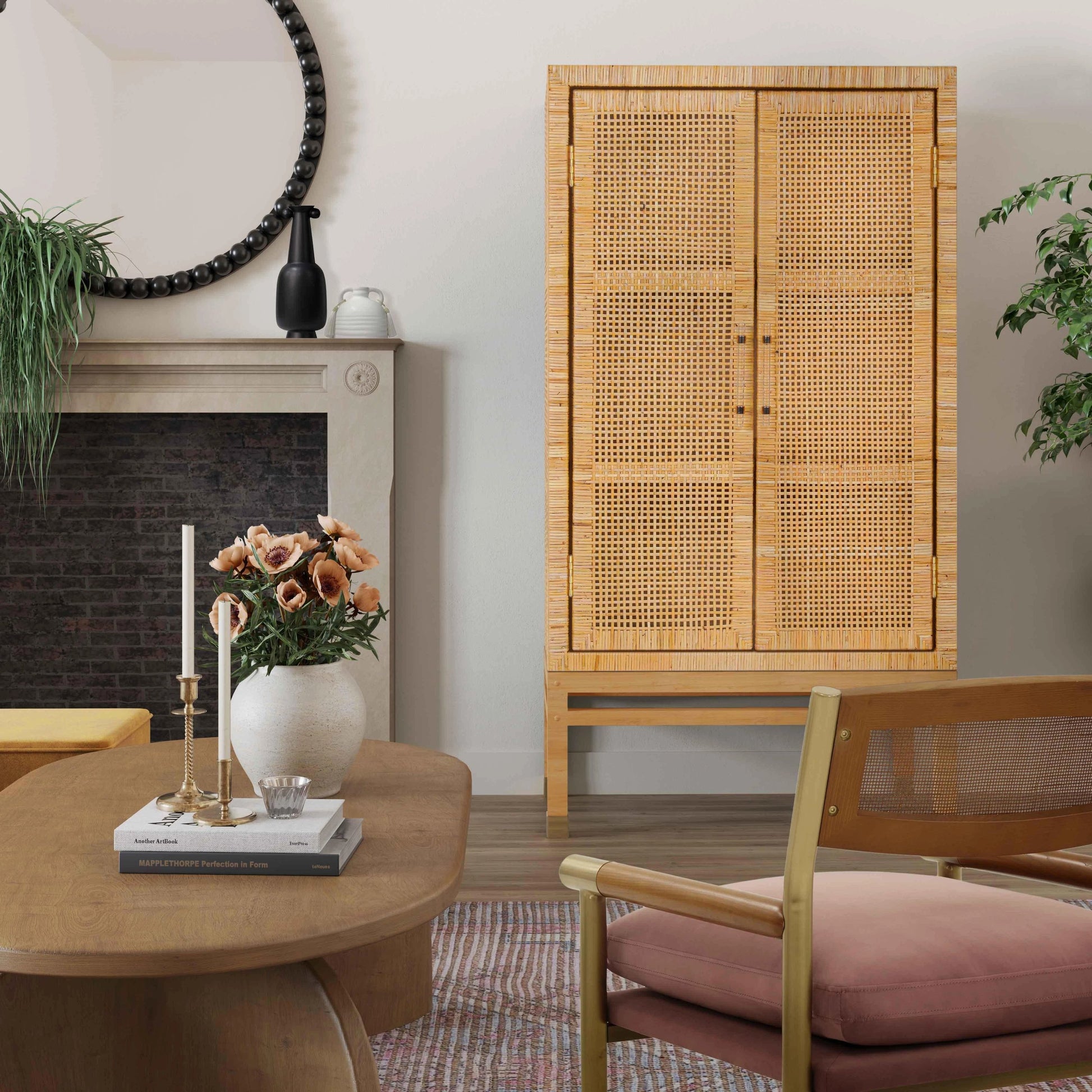 Amara Woven Rattan Cabinet by TOV Furniture. Made from rattan veneer, wood in a cottage & farmhouse style.