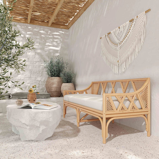 Jayla Rattan Bench by TOV Furniture in natural, white. Made from fabric, rattan in a cottage & farmhouse style.