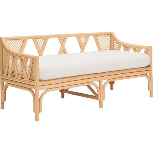 Jayla Rattan Bench by TOV Furniture in natural, white. Made from fabric, rattan in a cottage & farmhouse style.