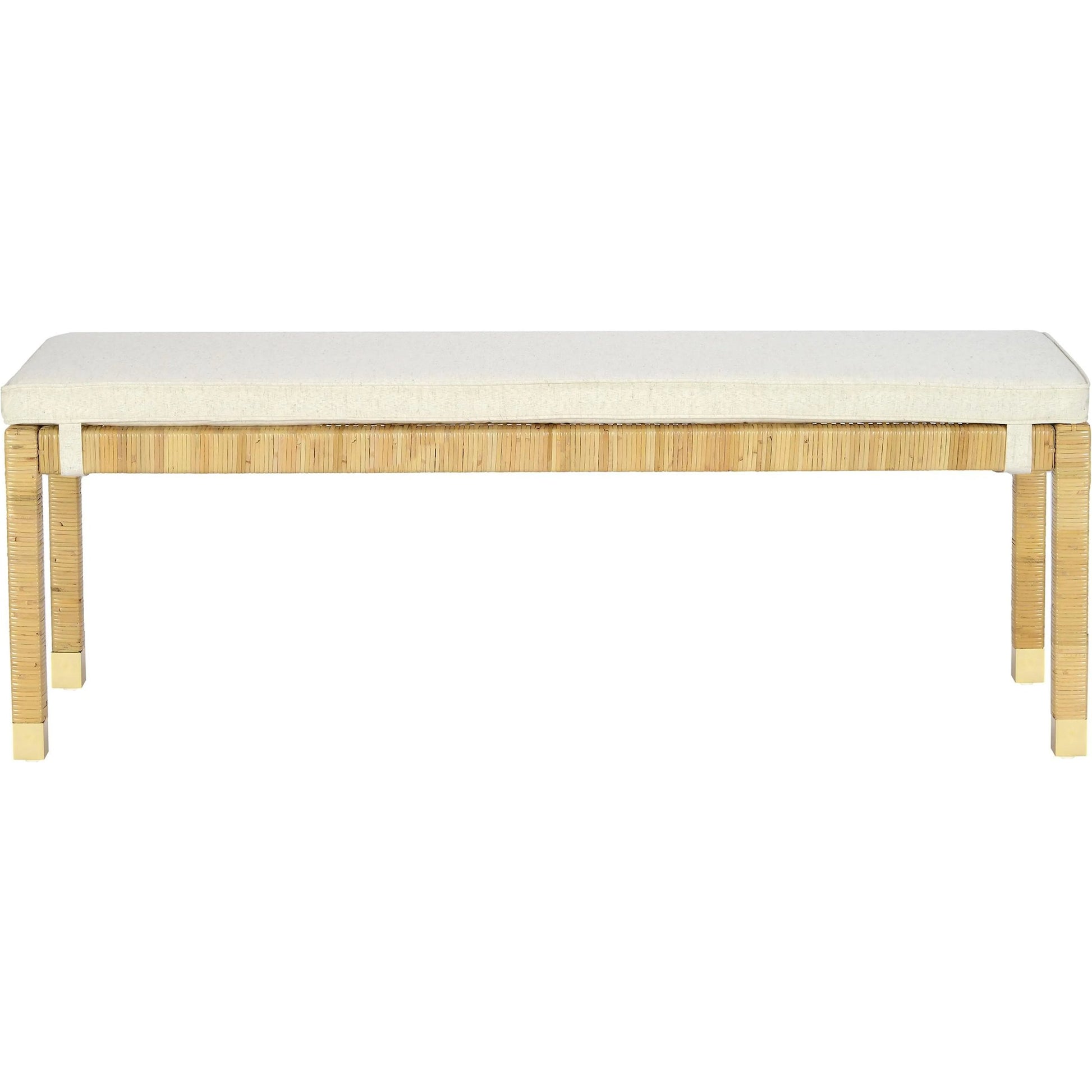 Amara Linen Bench by TOV Furniture in cream, natural. Made from brass, linen, rattan, wood in a transitional style.