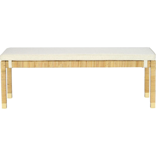 Amara Linen Bench by TOV Furniture in cream, natural. Made from brass, linen, rattan, wood in a unique style.