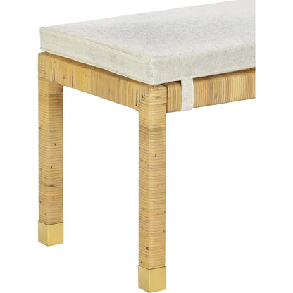 Amara Linen Bench by TOV Furniture in cream, natural. Made from brass, linen, rattan, wood in a transitional style.