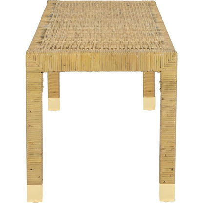 Amara Linen Bench by TOV Furniture in cream, natural. Made from brass, linen, rattan, wood in a transitional style.