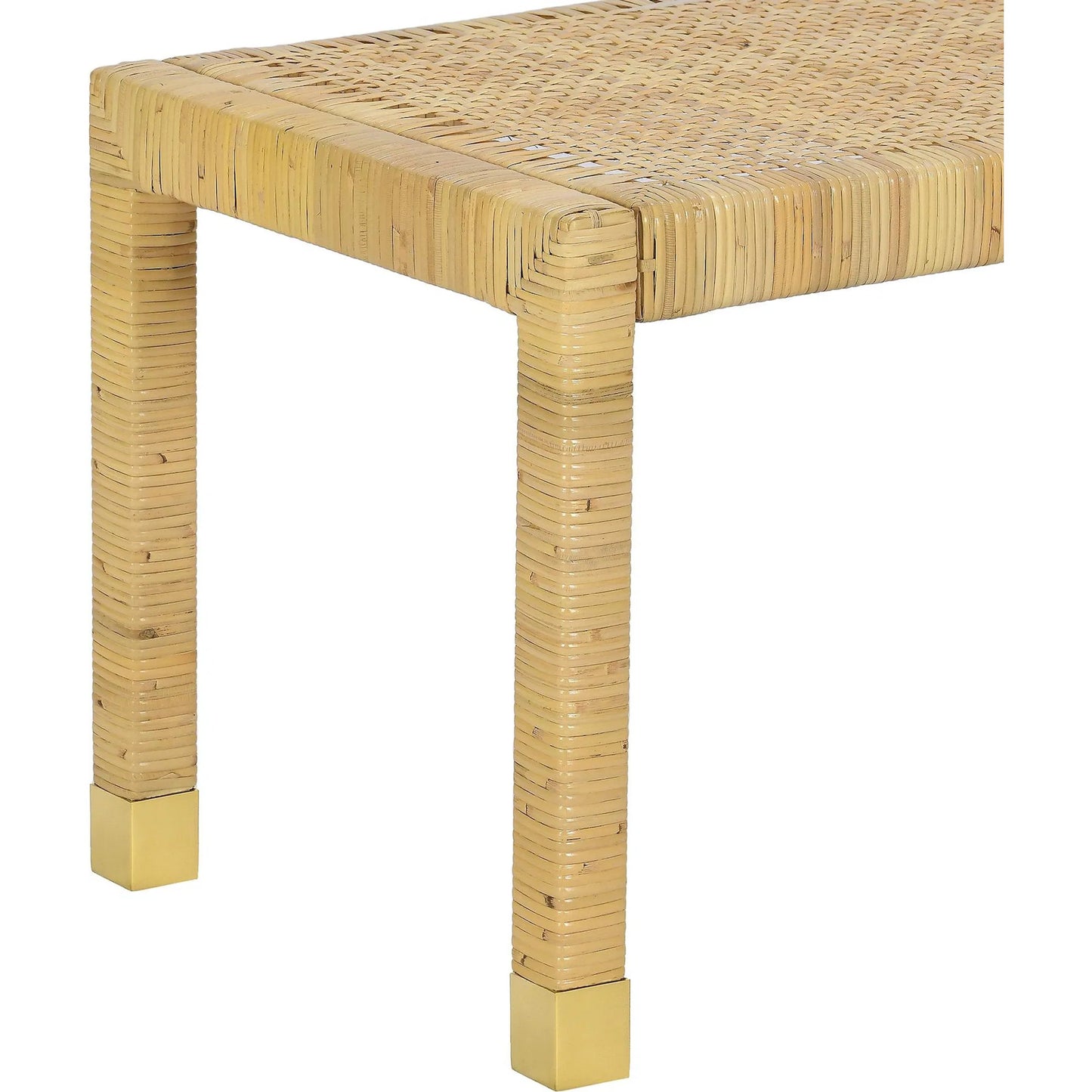 007 SI-2439898 | Closeup | Amara Linen Bench by TOV Furniture in cream, natural. Made from brass, linen, rattan, wood in a transitional style.