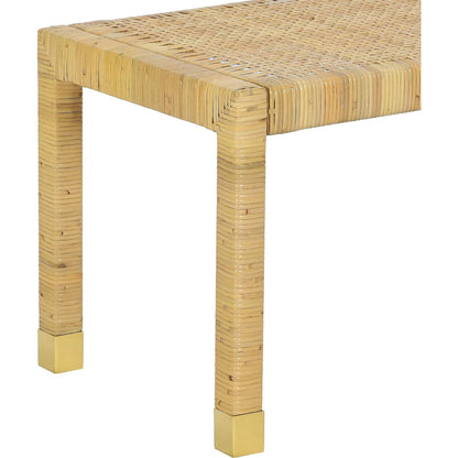 Amara Linen Bench by TOV Furniture in cream, natural. Made from brass, linen, rattan, wood in a transitional style.