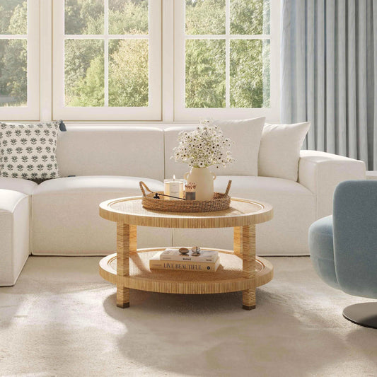 Amara Rattan Coffee Table by TOV Furniture in natural. Made from brass, plywood, rattan, wood in a unique style.
