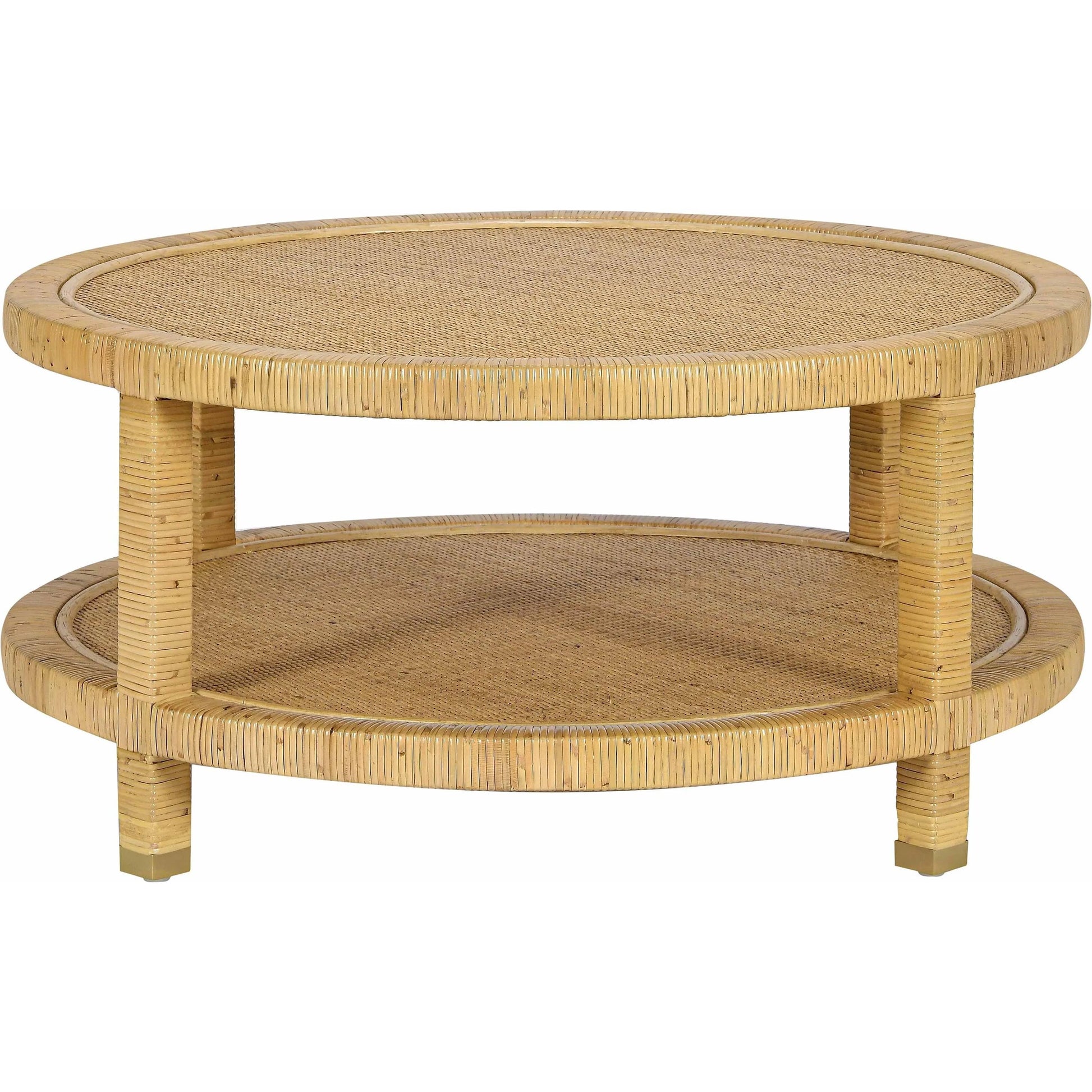 Amara Rattan Coffee Table by TOV Furniture in natural. Made from brass, plywood, rattan, wood in a rustic style.