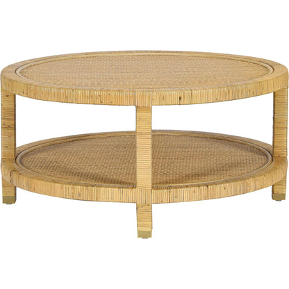 Amara Rattan Coffee Table by TOV Furniture in natural. Made from brass, plywood, rattan, wood in a rustic style.