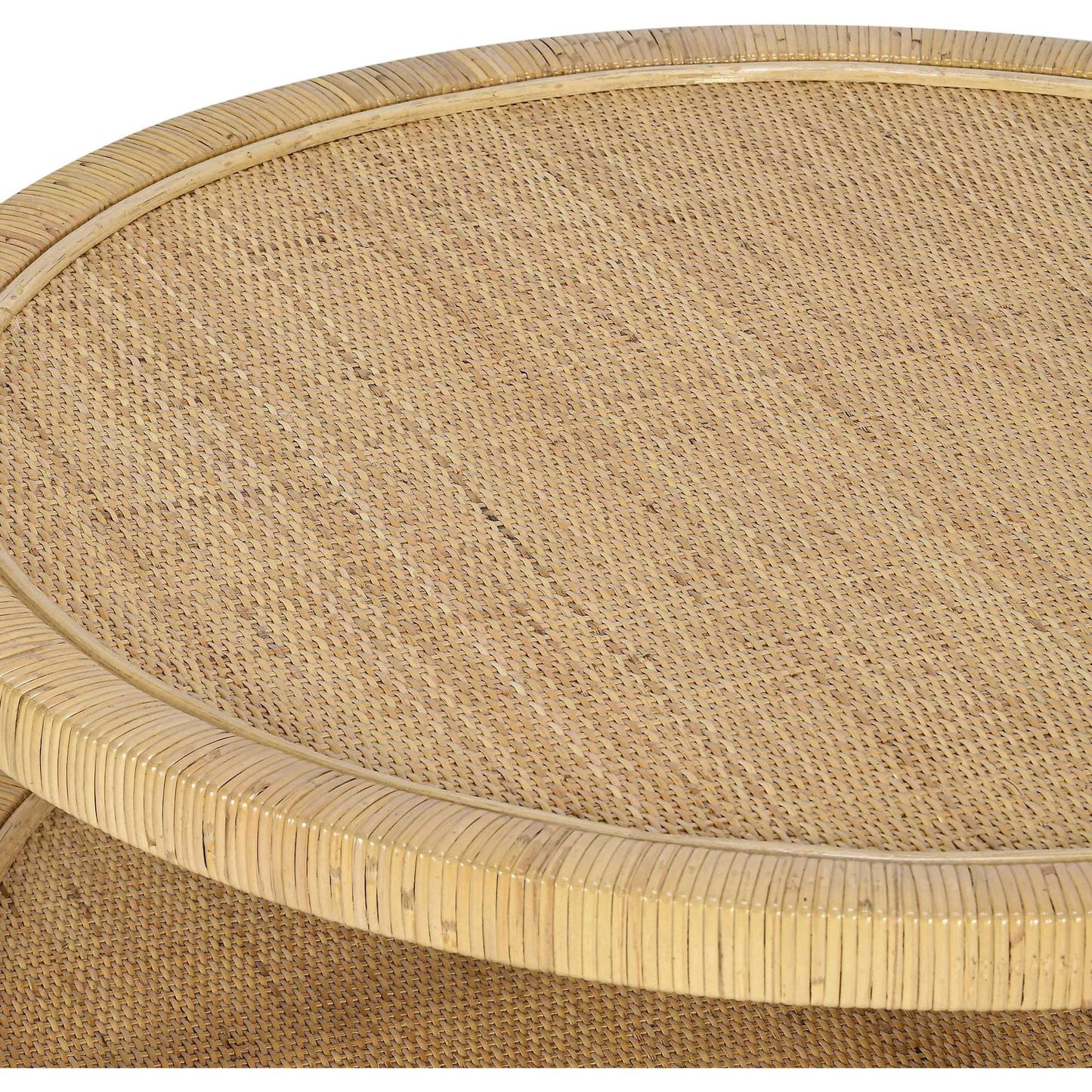 006 SI-2439901 | Closeup | Amara Rattan Coffee Table by TOV Furniture in natural. Made from brass, plywood, rattan, wood in a rustic style.