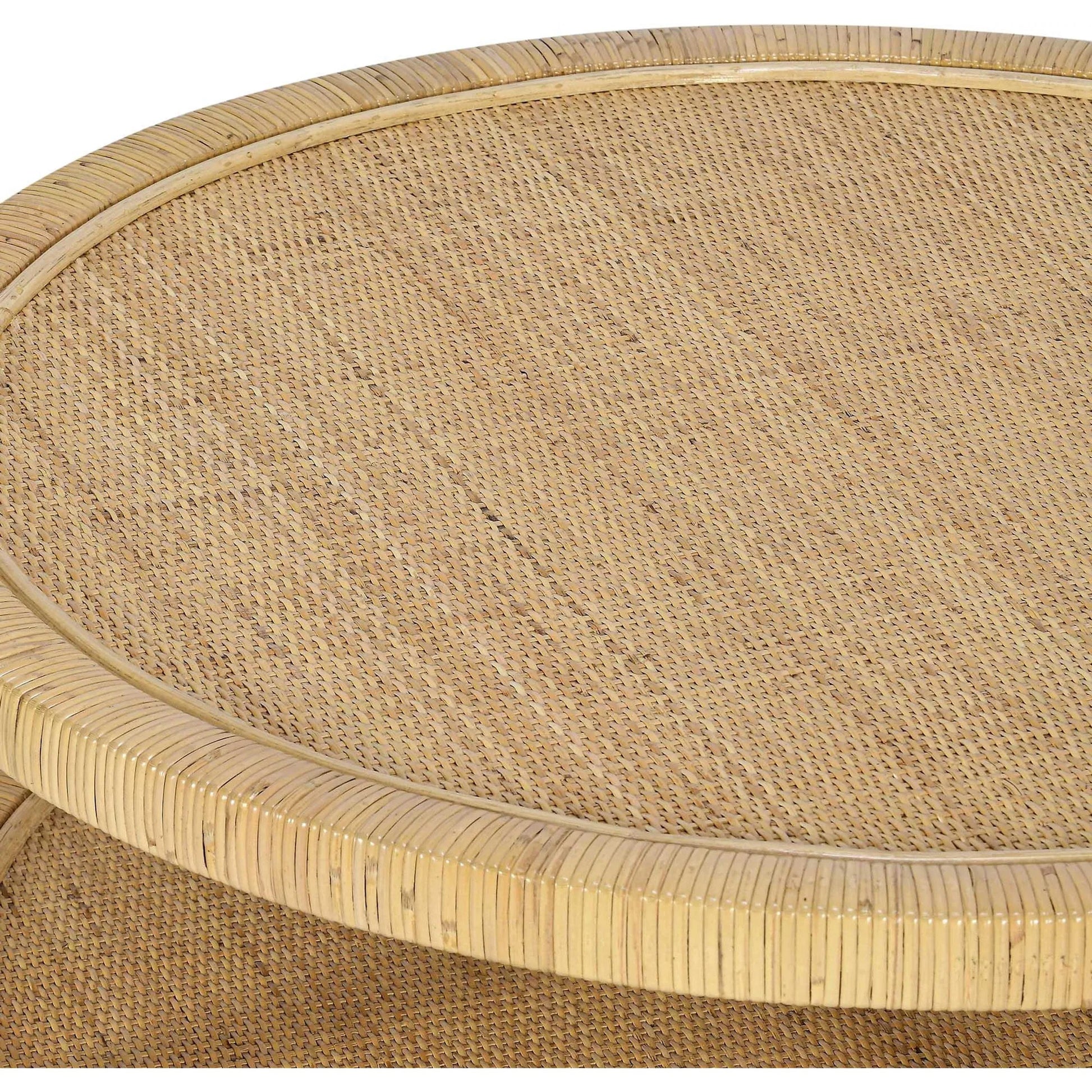 Amara Rattan Coffee Table by TOV Furniture in natural. Made from brass, plywood, rattan, wood in a rustic style.