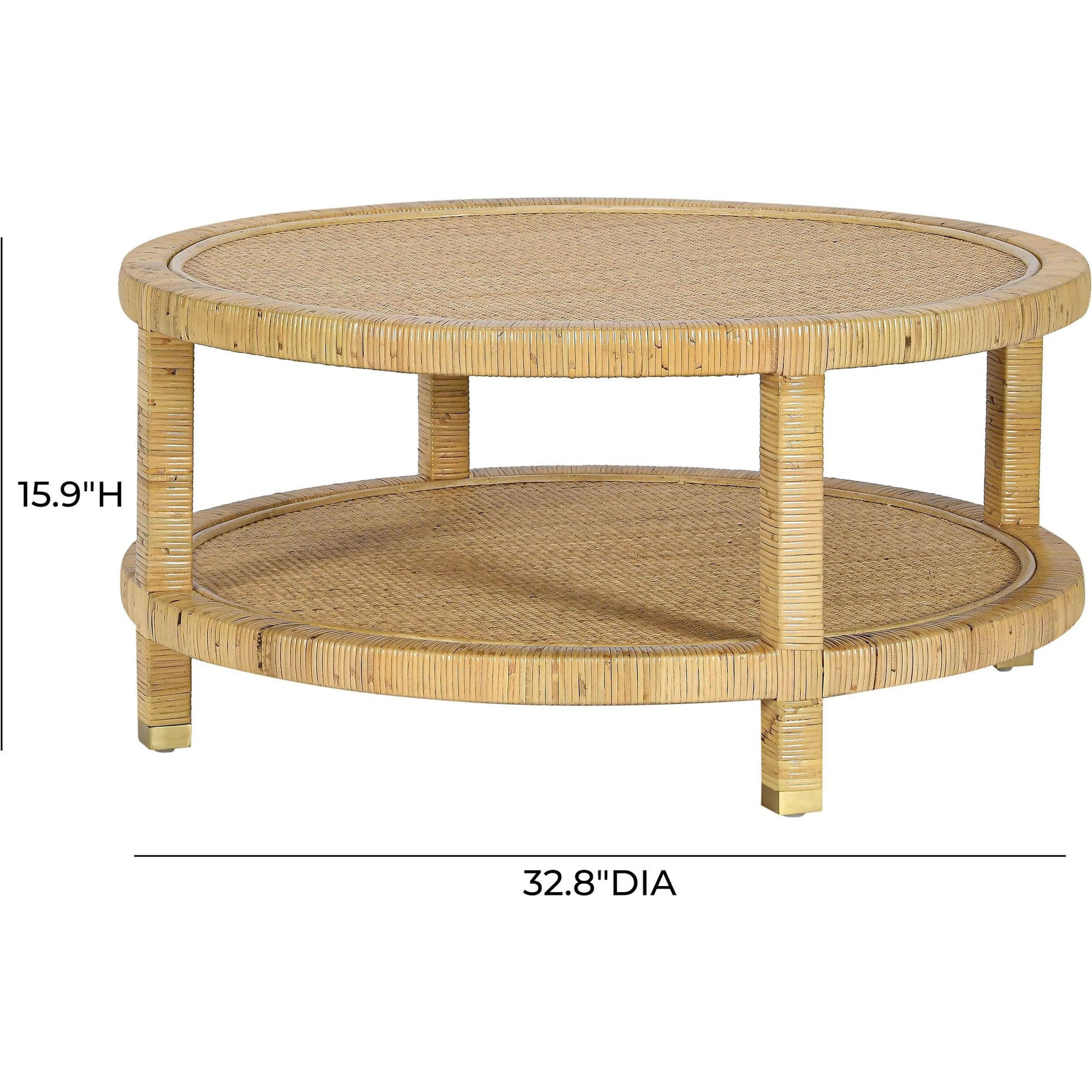 Amara Rattan Coffee Table by TOV Furniture in natural. Made from brass, plywood, rattan, wood in a rustic style.