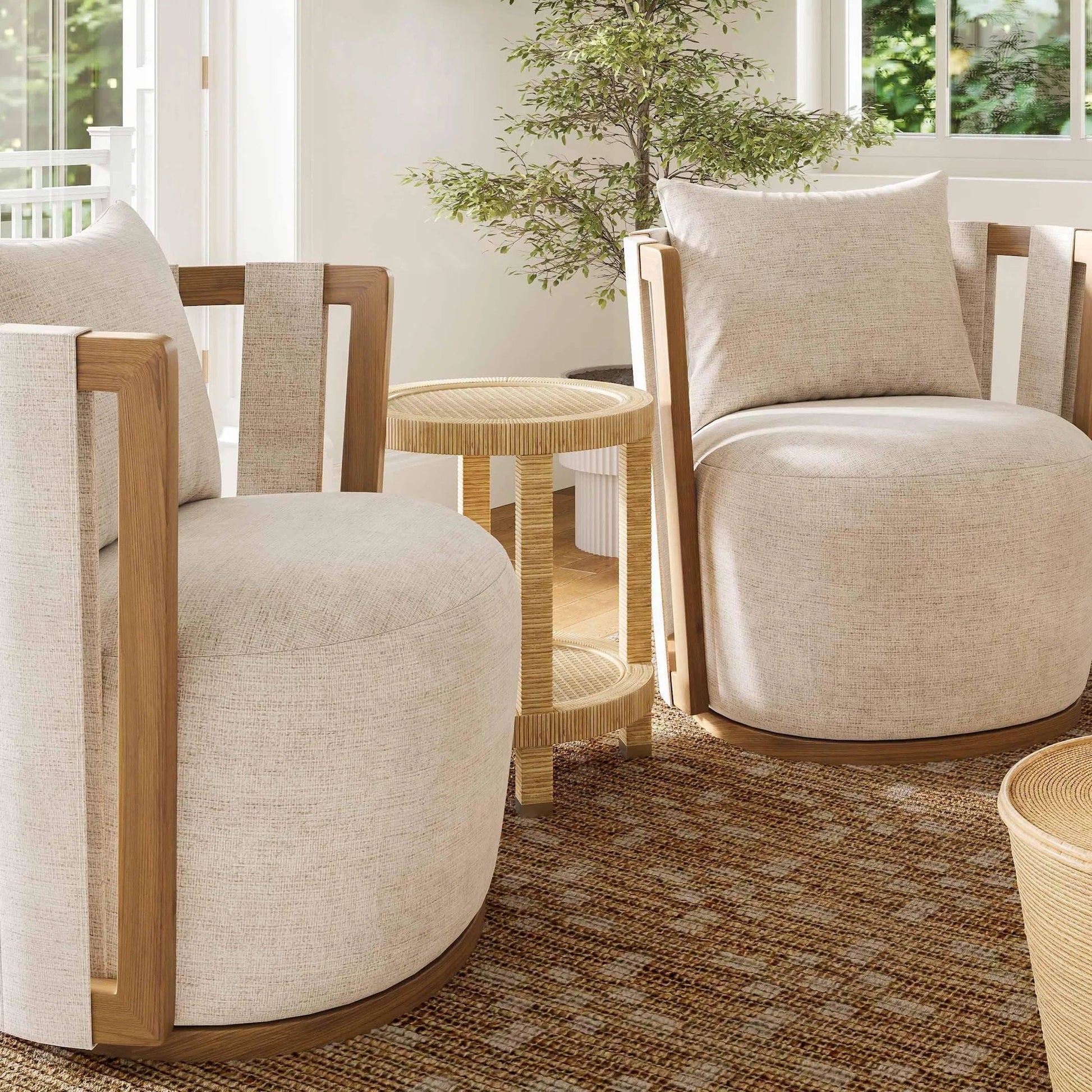 Amara Rattan Side Table by TOV Furniture in natural. Made from brass, plywood, rattan, wood in a rustic style.