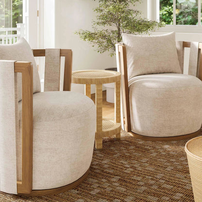 Amara Rattan Side Table by TOV Furniture in natural. Made from brass, plywood, rattan, wood in a rustic style.